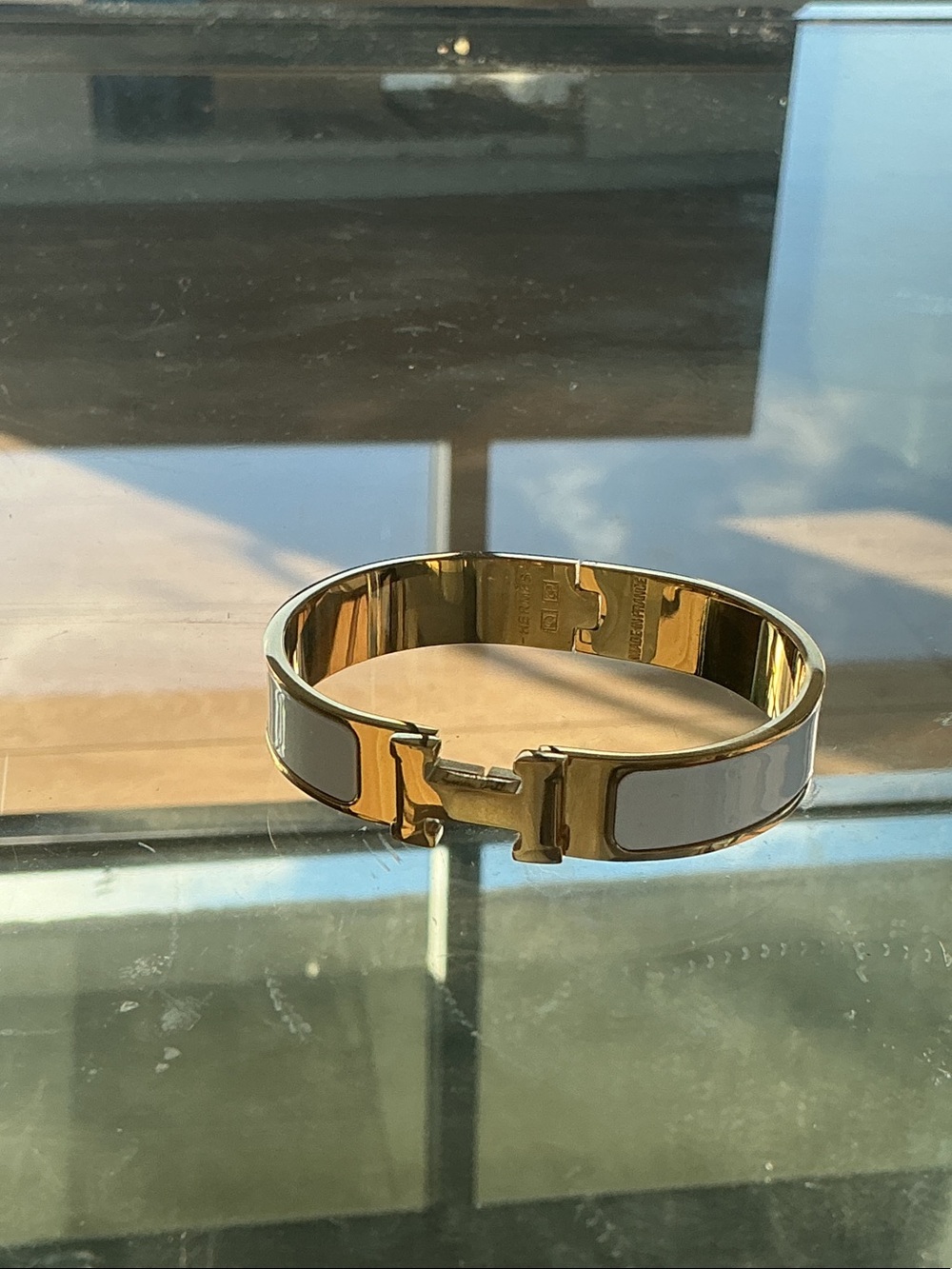 Hermes Gold and White Clic H Bangle Bracelet